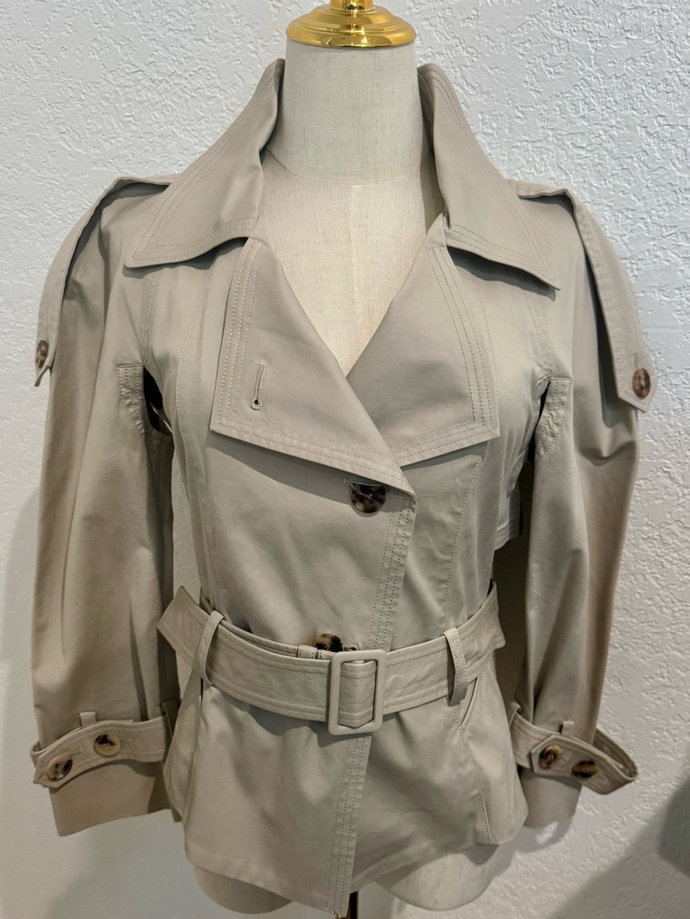Alexander McQueen Beige Short Trench Coat with Belted Waist